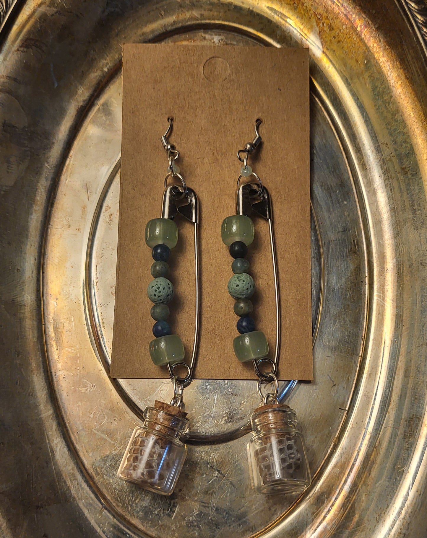 Safety pin snake skin vial earrings