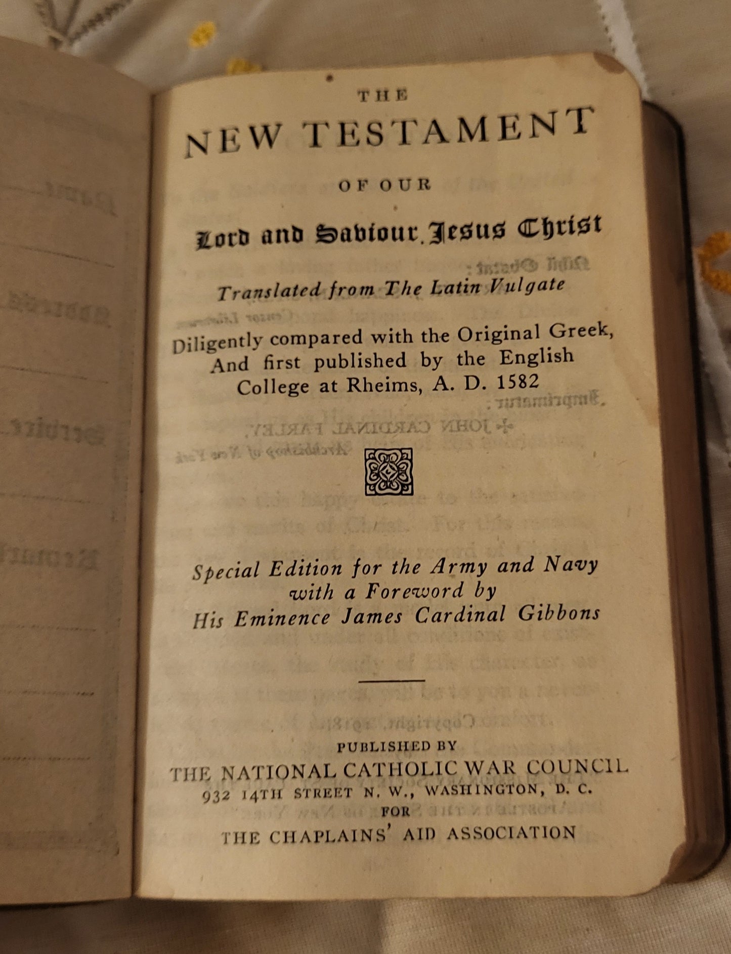 WWI New Testament Douay Version, Army and Navy Edition Bible